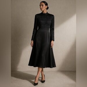 Vintage 80s 100% Liquid Silk Black Beaded Embroidered Midi Dress Luxe Couture 10